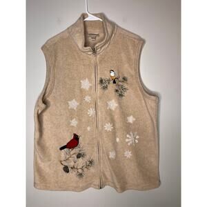 Baxter & Wells Fleece Oat Cardinals Birds Snowflakes Christmas Full Zip Vest 1X